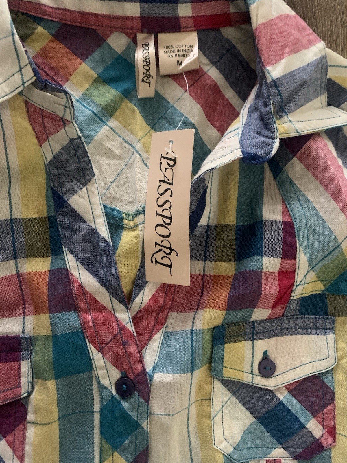 Passport Plaid Button-Up Collared Blouse w/ Pockets 3/4 Sleeve Multicolor M