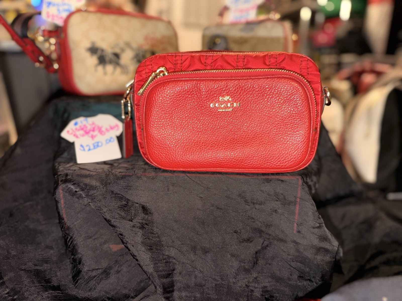 Coach Red Pebbled Small Double Zip Crossbody Bag Gold Hardware Detachable Strap