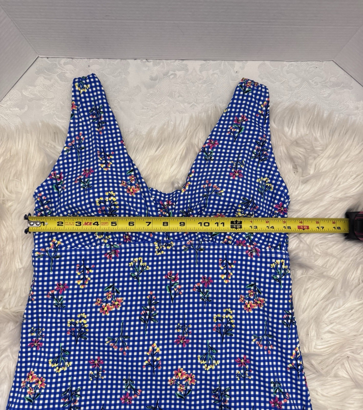 Lands’ End 10 Blue Floral Gingham Tankini Swimsuit Top Deep Plunge V Neck Modest