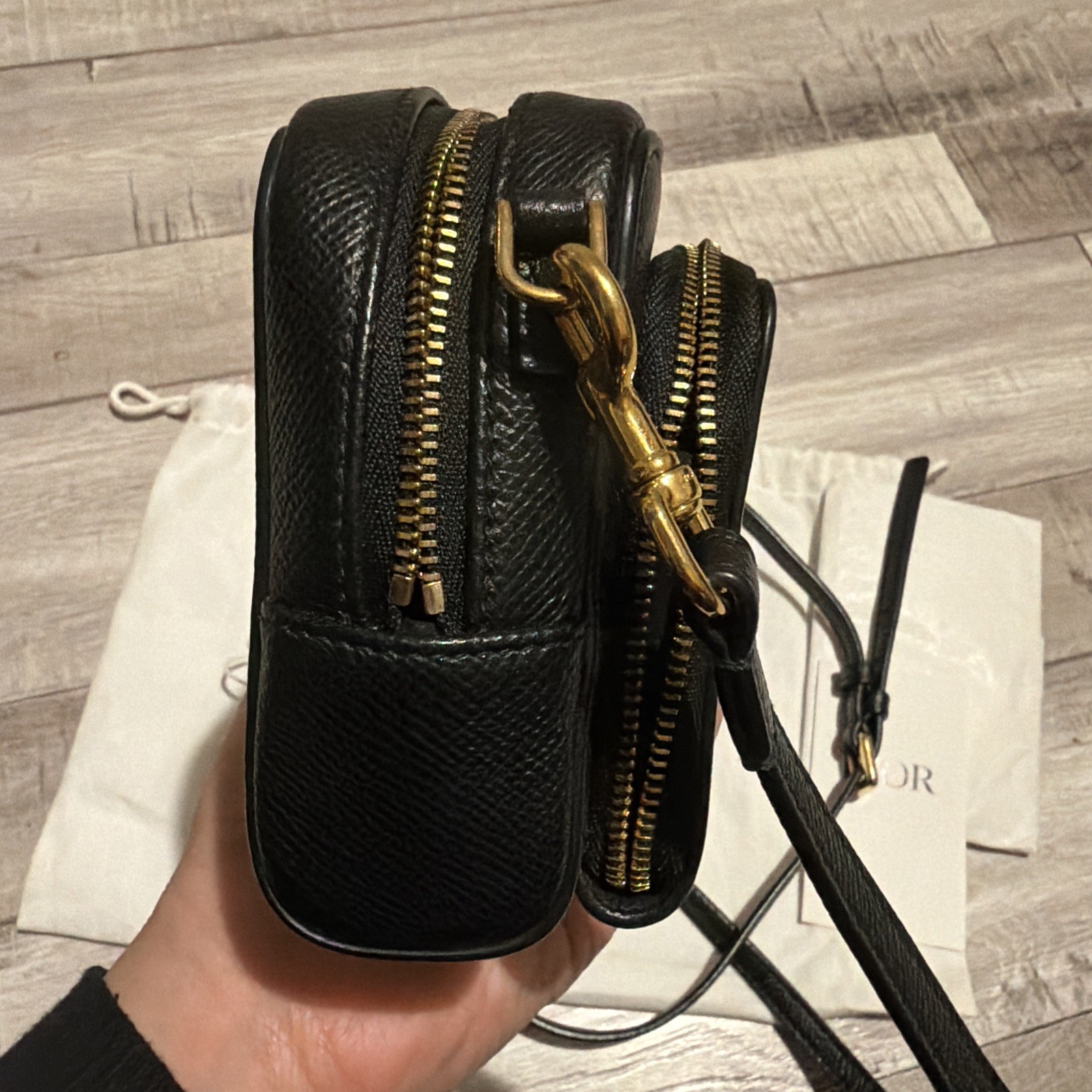 CHRISTIAN DIOR Caro Grained Leather Double Pouch Crossbody Bag Black
