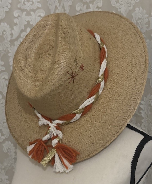Baldiz Straw Fedora Wide Brim Hat Beige/Orange/White Tassel Accent, One Size