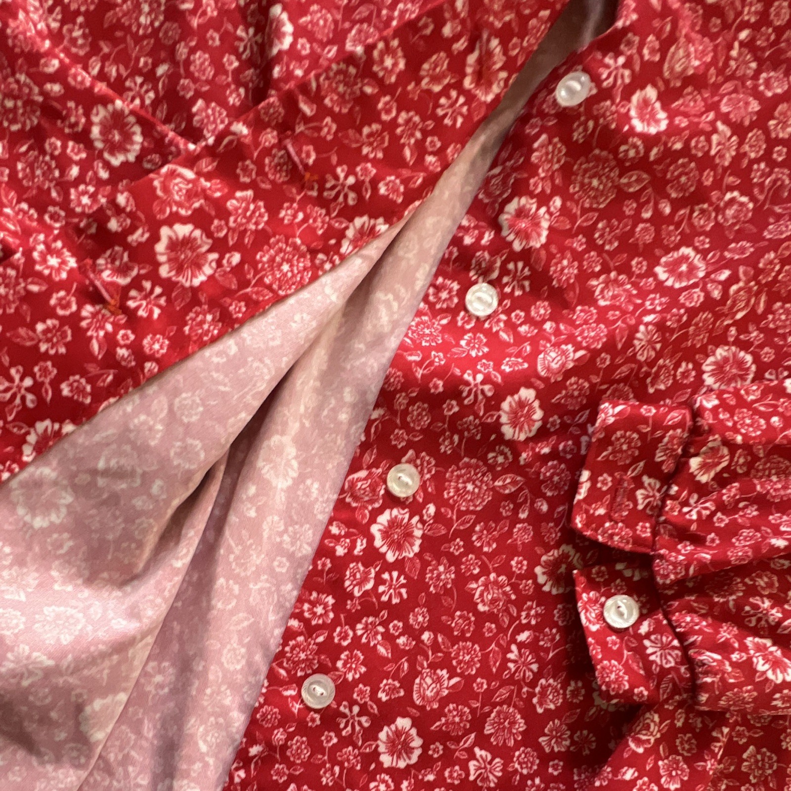 Women’s Red White Floral Button-Up Collared Long Sleeve Shirt Top homemade