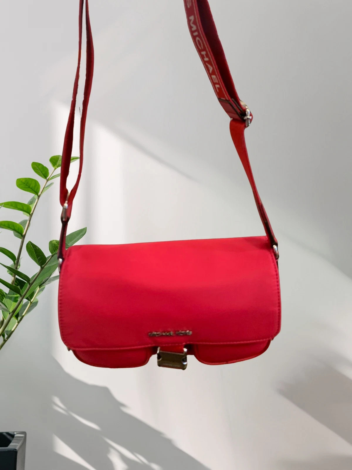 Michael Kors Khai Medium Nylon Double Pocket Flap Messenger Bag Dark Raspberry