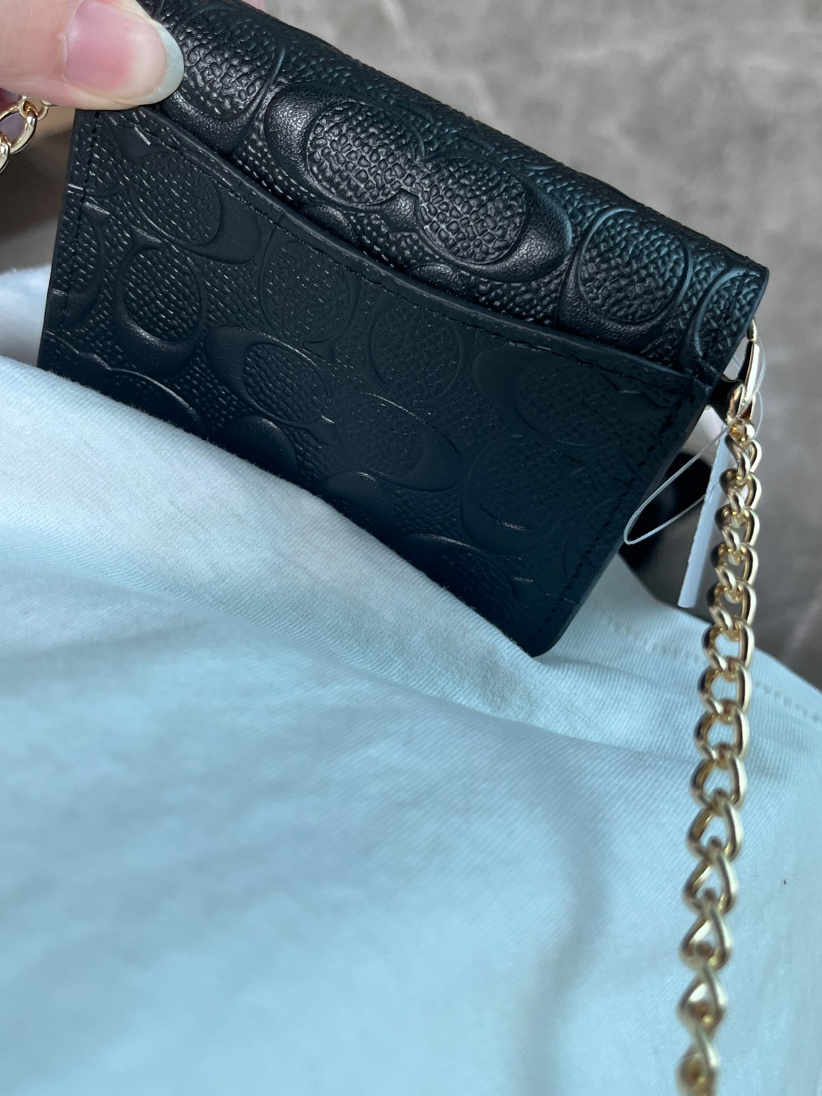 NEW Black COACH C7361 Mini Wallet on a Chain with In Signature Print Relief