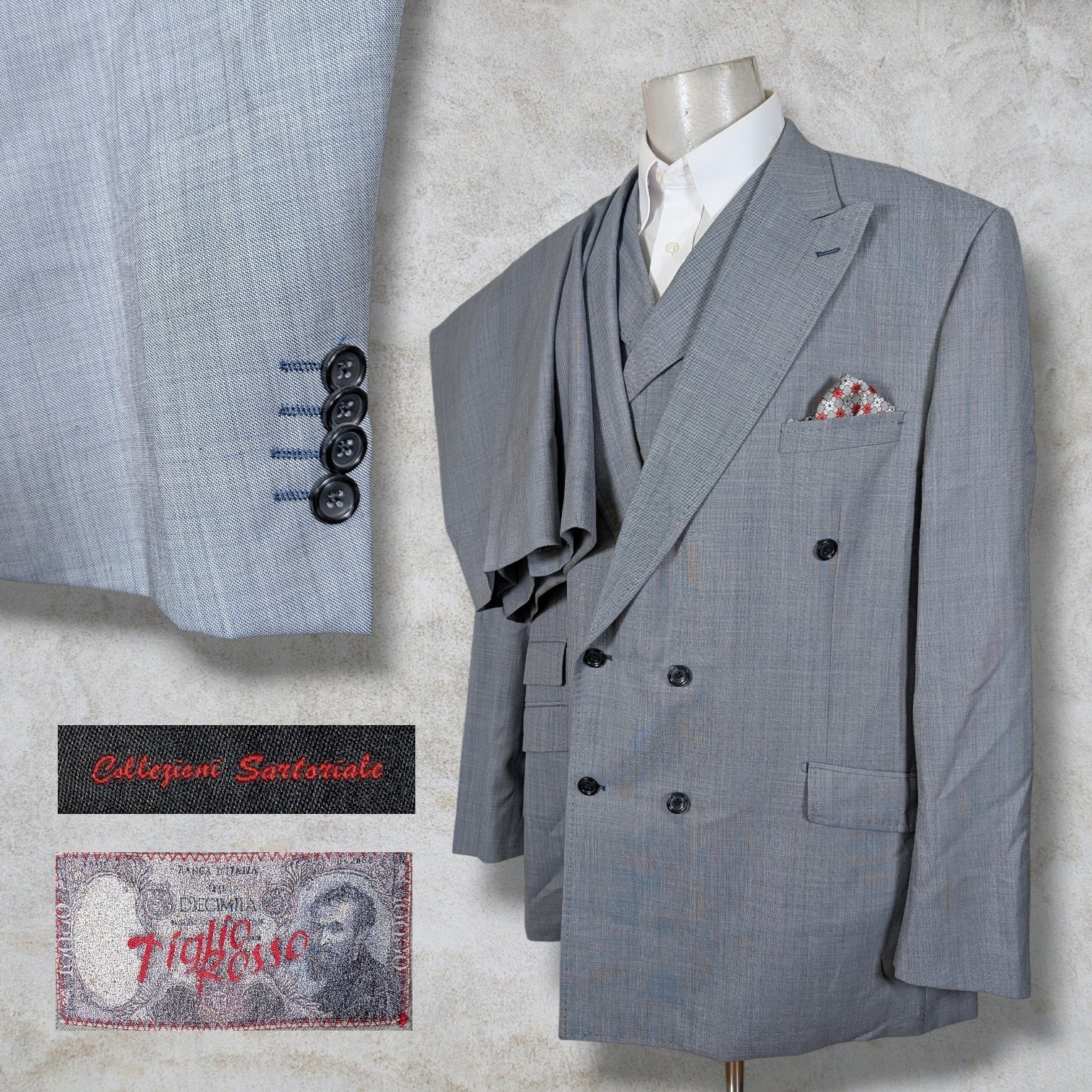 Tiglio Rosso 3 Piece Suit Mens 56L Pants 48×34 Light Gray Double Breasted 150s