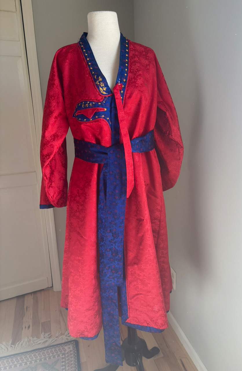 Vintage Korea Red Blue Brocade Embroidered Hanbok Durumagi Overcoat Traditional