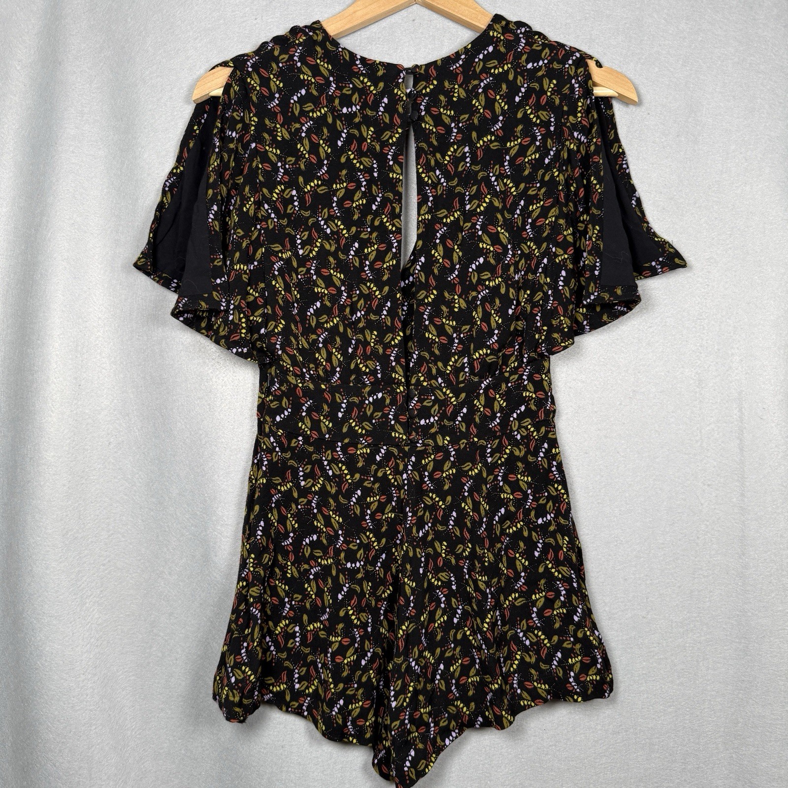 Free People Romper Boho Granola Dark Fairy Black Green Leaf Print Sz 0