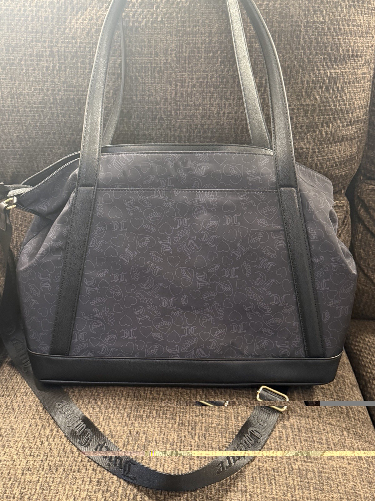 Juicy Couture Black Tonal Logo Large Tote Bag Zip Detachable Strap