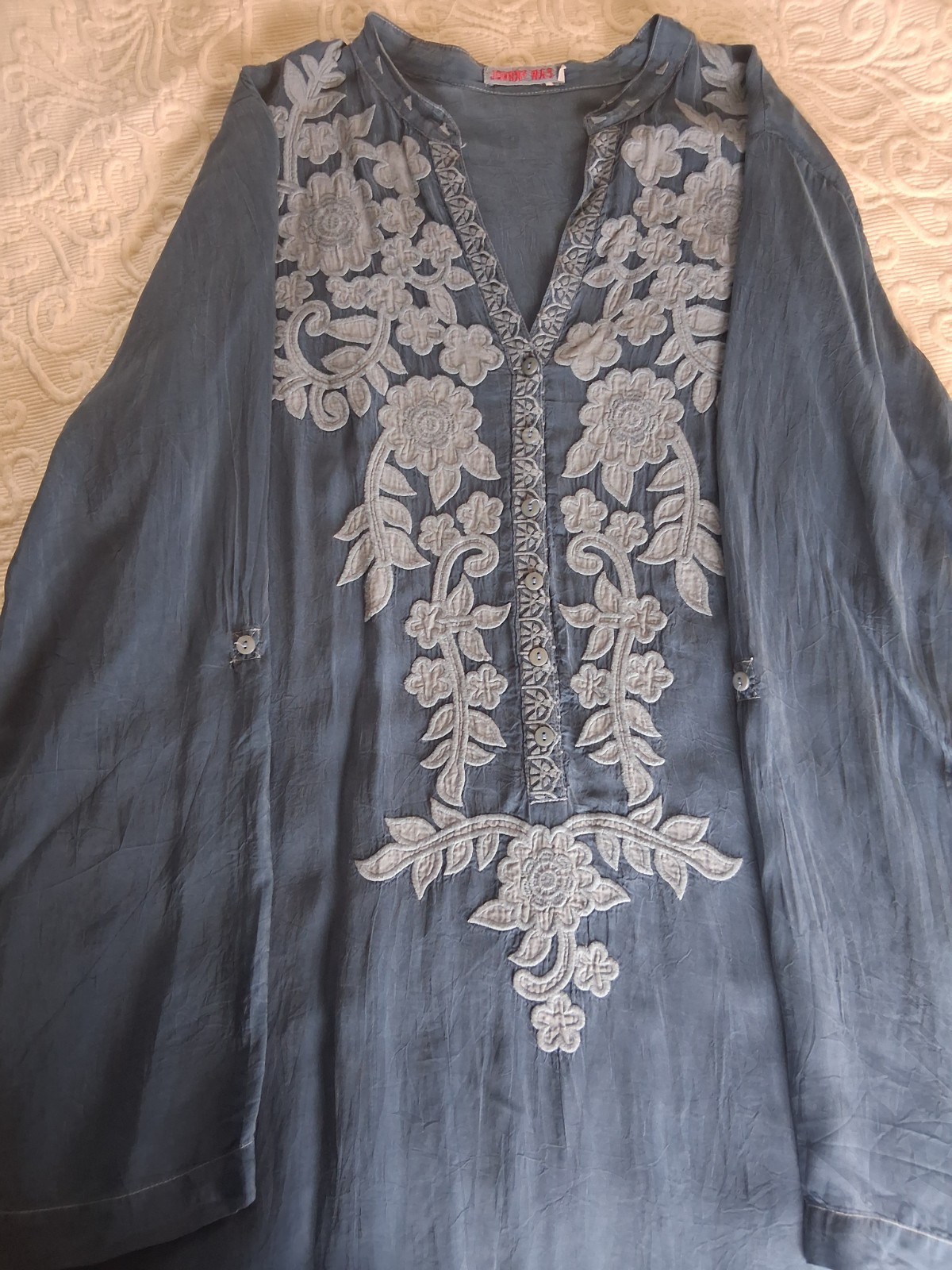 JOHNNY WAS Embroidered Boho Tunic Top, SZ M, Blue Cupra Rayon, Style C11417-7
