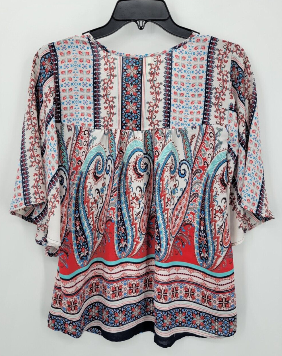 Fig and Flower Top Womens Medium Red White Blue Boho Print Bell Sleeve Popover