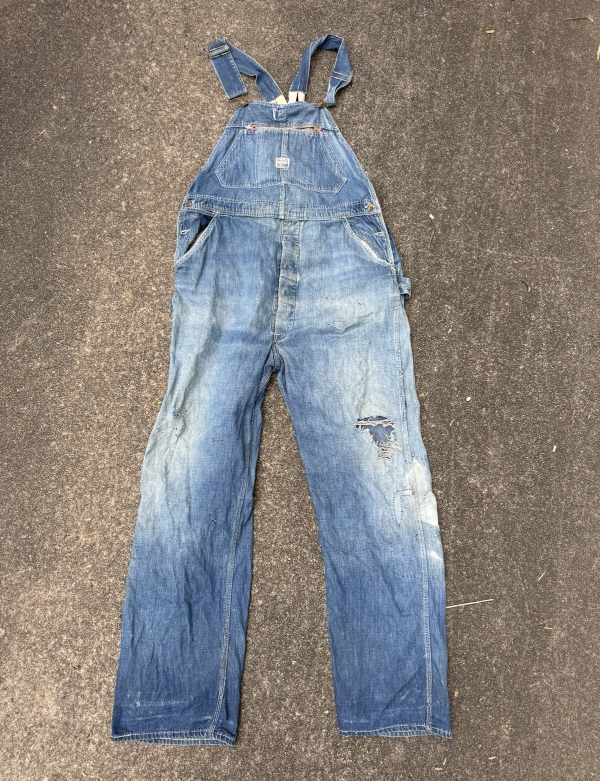 True Vintage 40s N&W Denim Bib Work Overalls Low Half Back Farm Repairs Rare 38