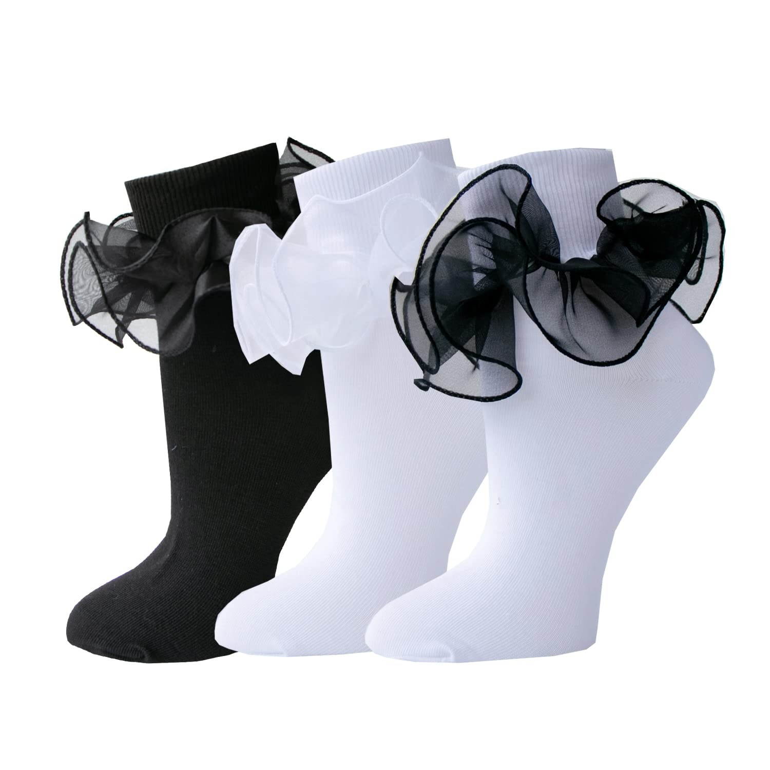 ZROSIN Women Big Ruffle Socks Double Lace Turn Cuff (Size 9-11, 3 Dd-3pcs