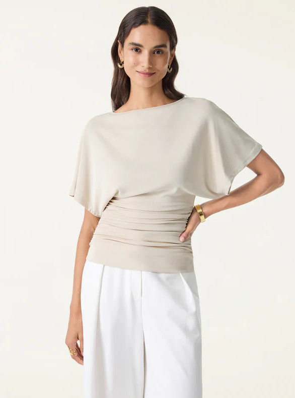 OGL Effortless Boatneck Batwing Sleeve Side Ruched Top, Morning Mist (NEW)