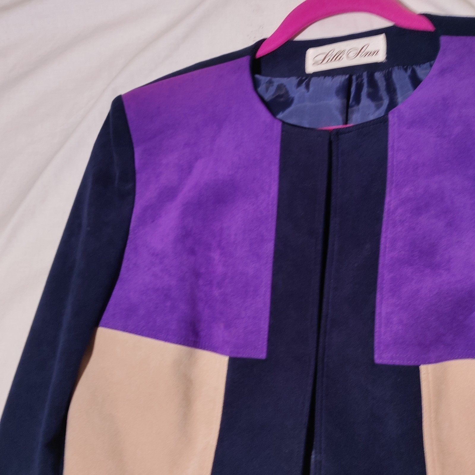 Lilli Ann Purple Red Cream Colorblock faux ultrasuede lined JACKET