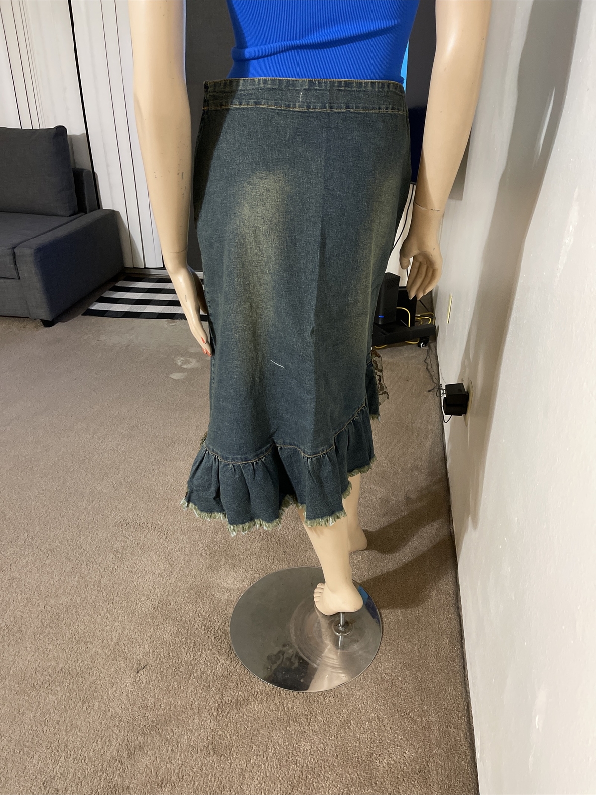 Blue Denim Cotton beaded lace Ruffle Embroidery Boho Size M(6-8) maxi skirt 3135