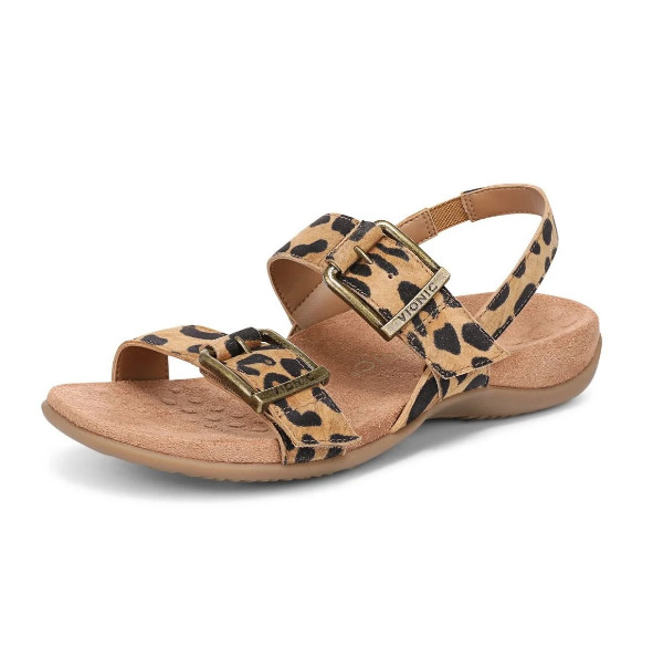 VIONIC Reese Slingback Sandal – Tan Leopard Print Suede, Medium (NEW)