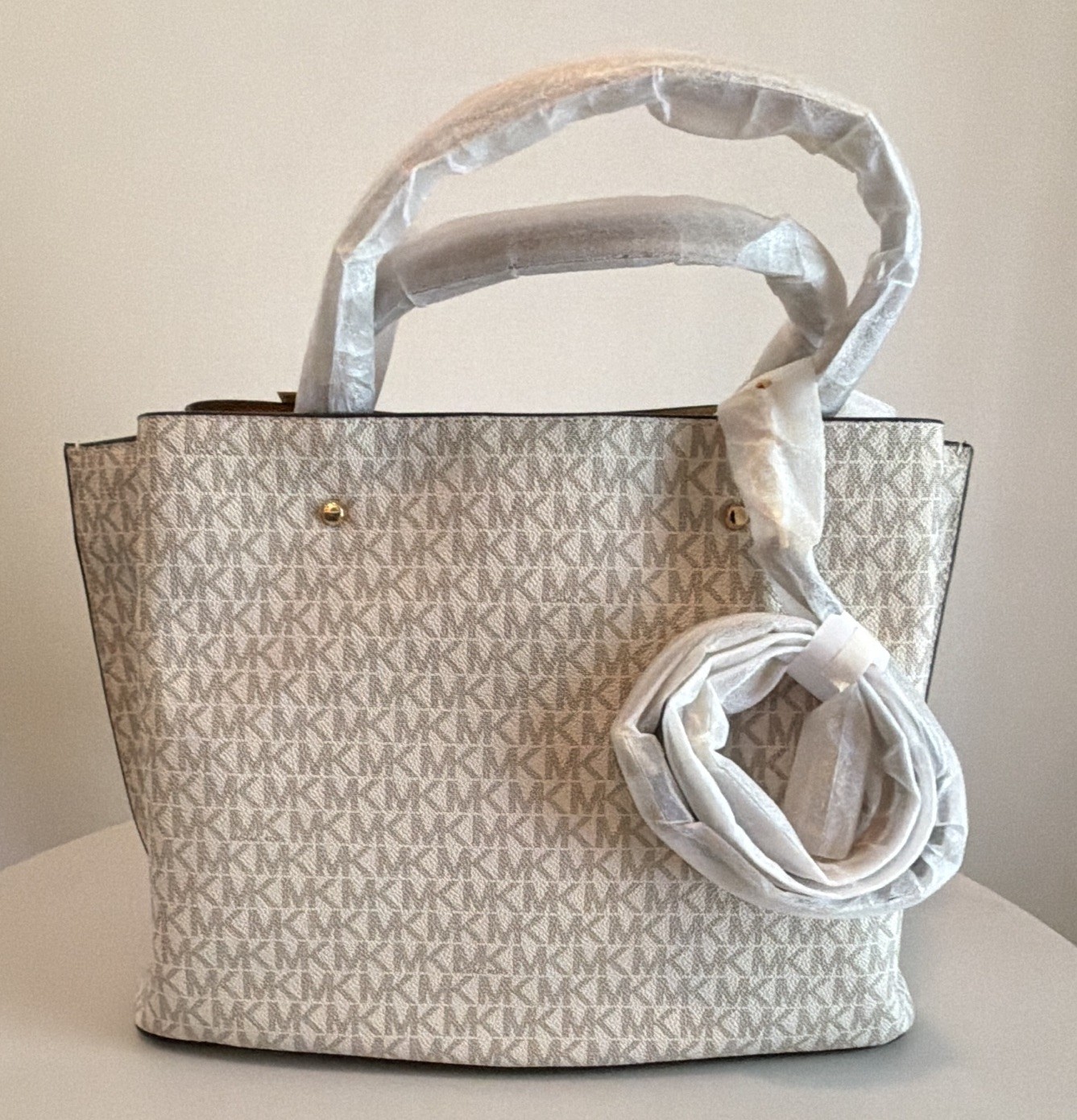 Michael Kors Large Vanilla/ACRN MK Monogram Zip Tote Brown Trim Gold Hardware