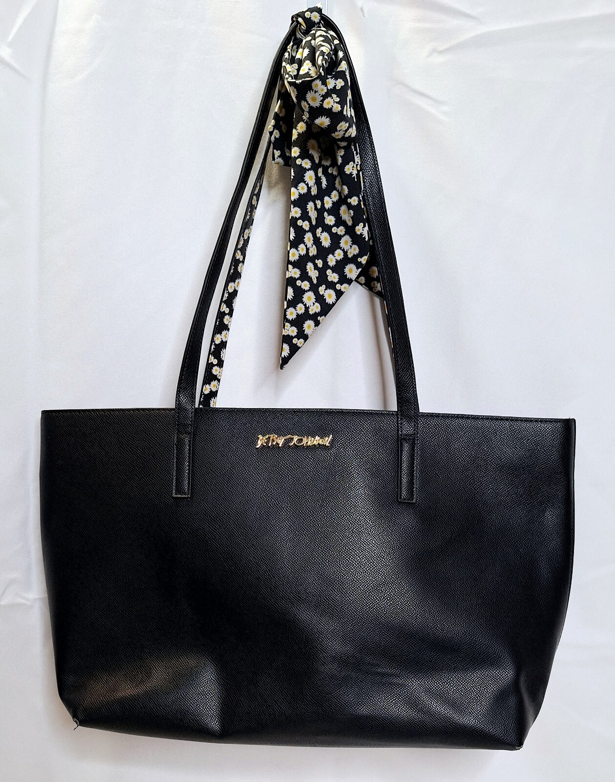 Betsey Johnson XO Zaria Black Tote With Floral Daisy Scarf Bow Size XL