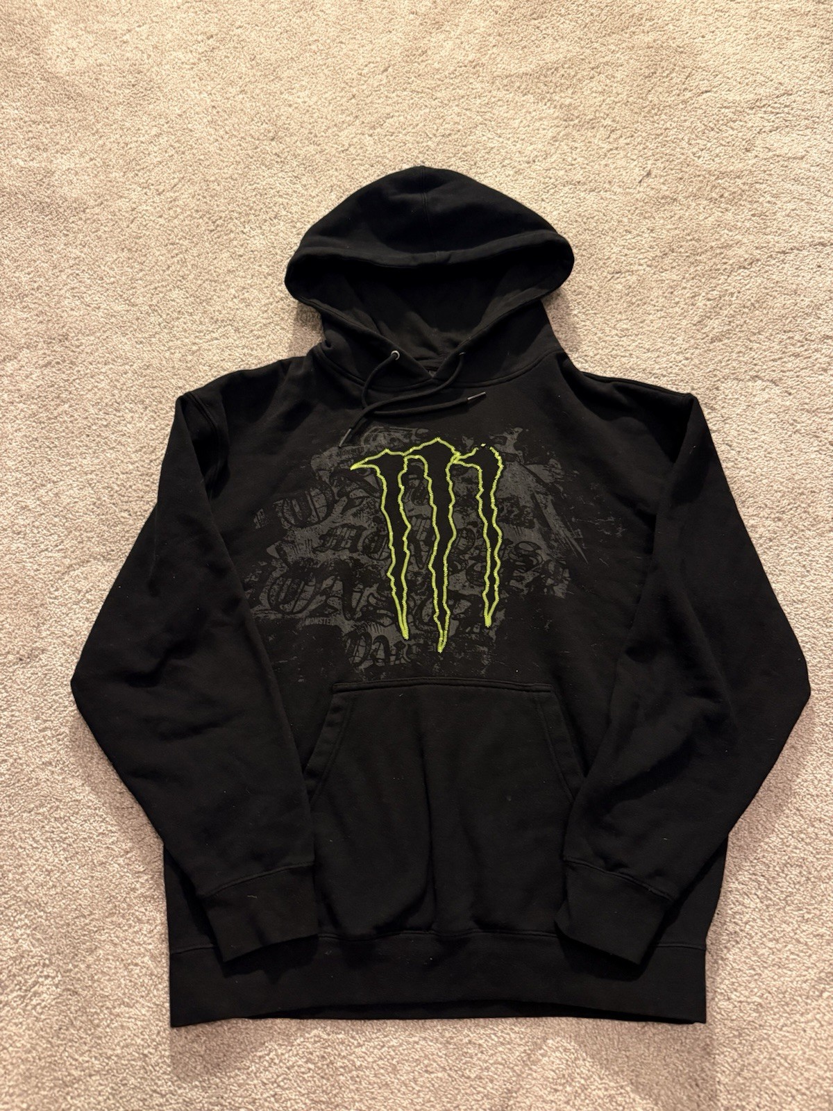 Vintage Monster Energy Hoodie Mens Large Black Green Tribal Sweatshirt *