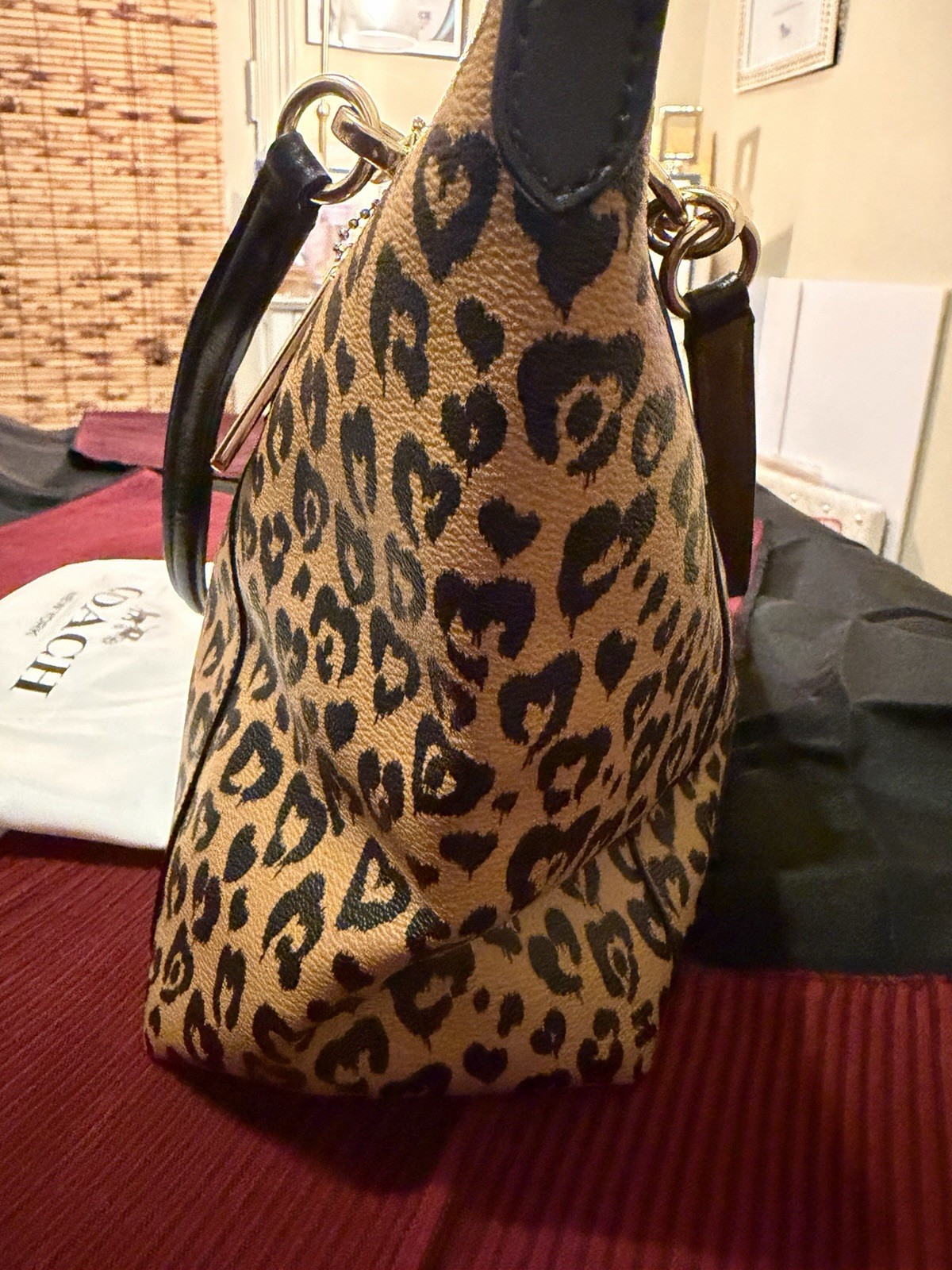 Coach Leopard Print Tote Zip Top Lined Inner Pockets Gold Hardware Dust Bag