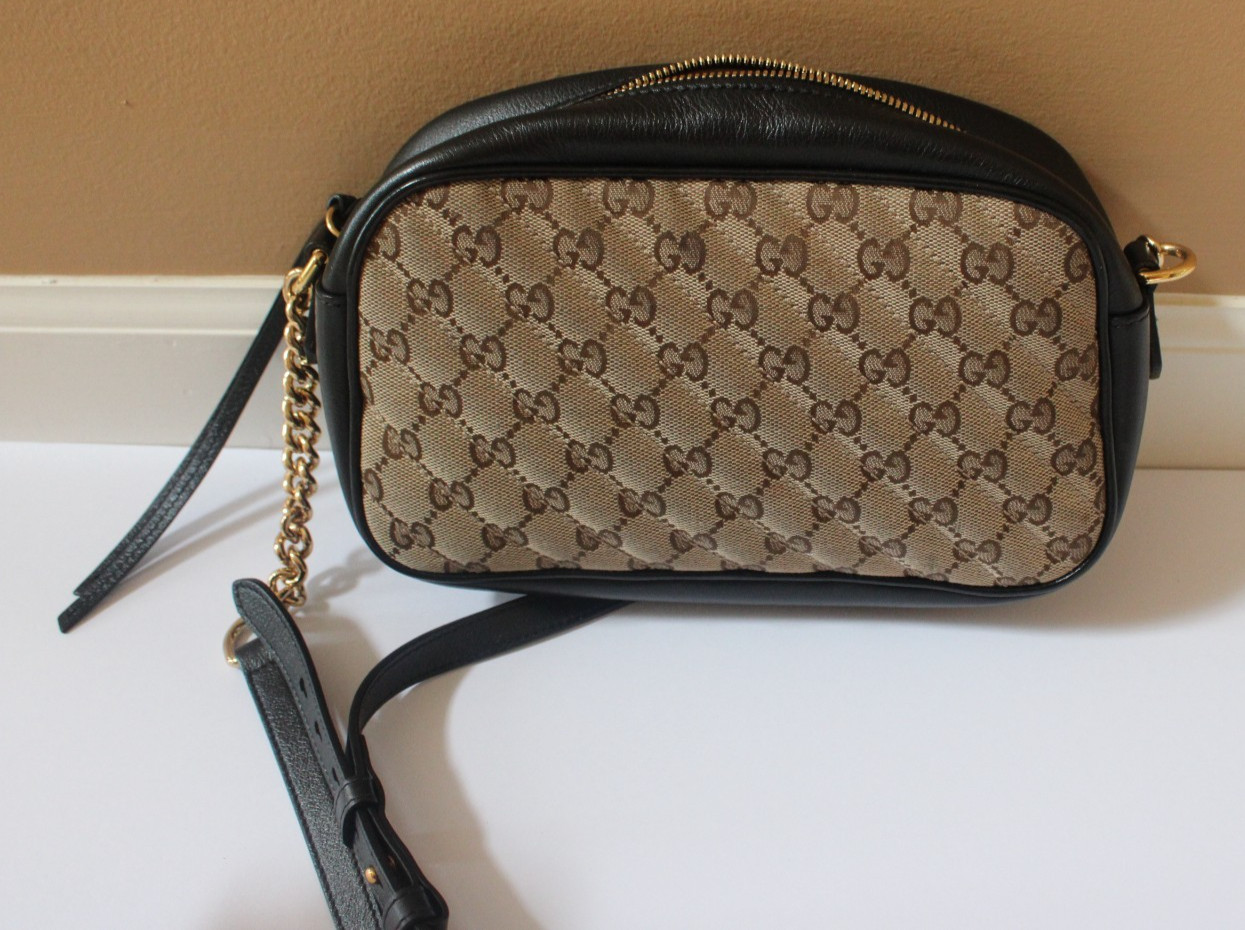 Gucci GG Diagonal Quilted Marmont Camera Bag in Beige & Ebony