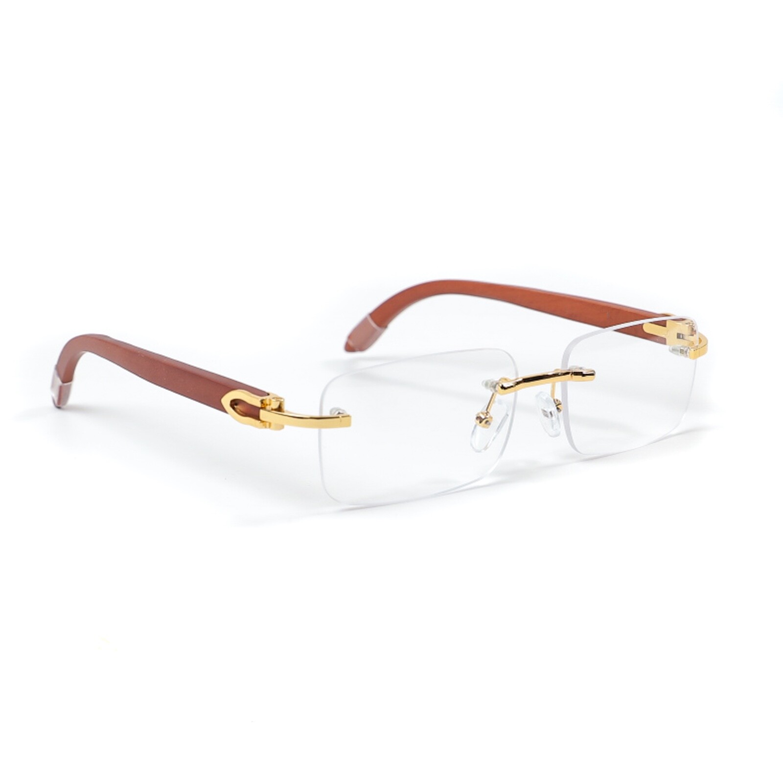Men’s Clear Rimless Woodgrain Gold Frame Retro Vintage Hip Hop Fashion Glasses