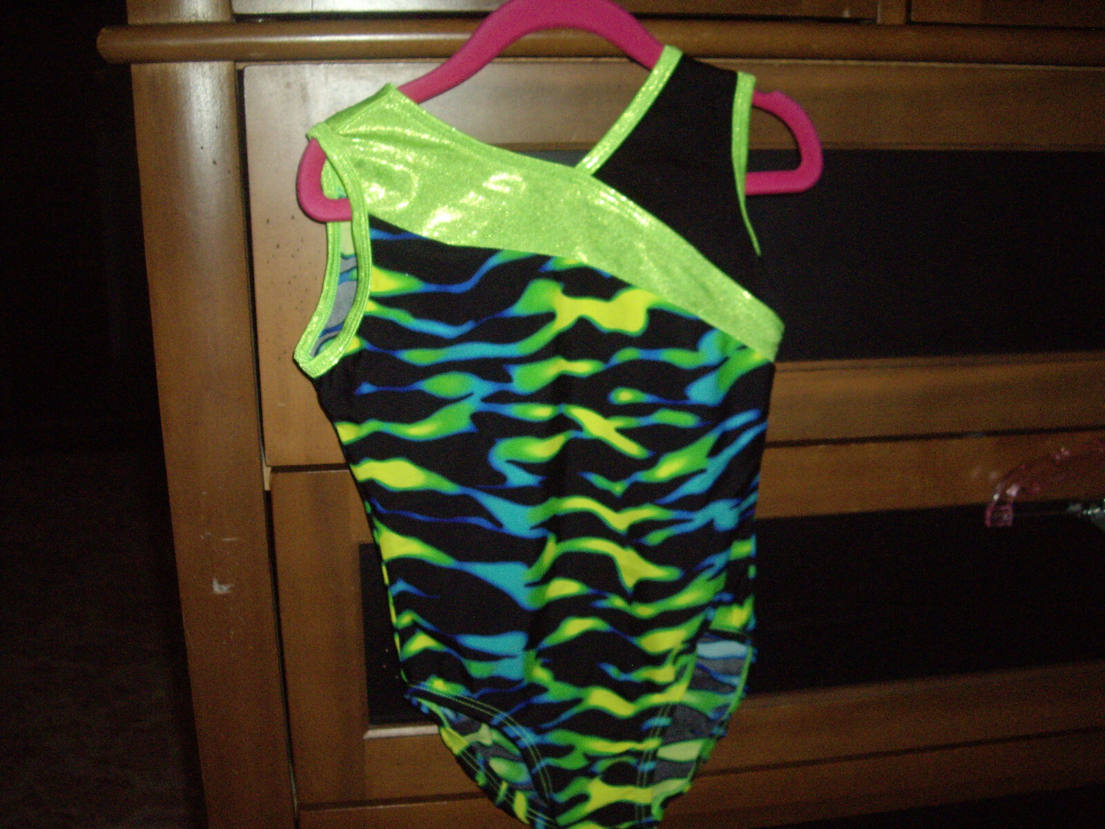 EUC Girls Size 8-10 Tumble Wear Leotard Black Yellow Green Blue Wavy Stripes