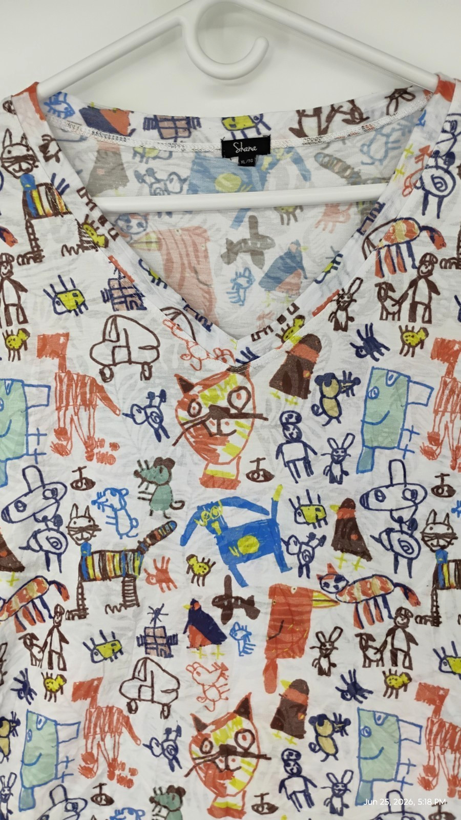 NEW Shana Cats Print Colorful Art Tunic Top V-Neck 3/4 Sleeve Size XL