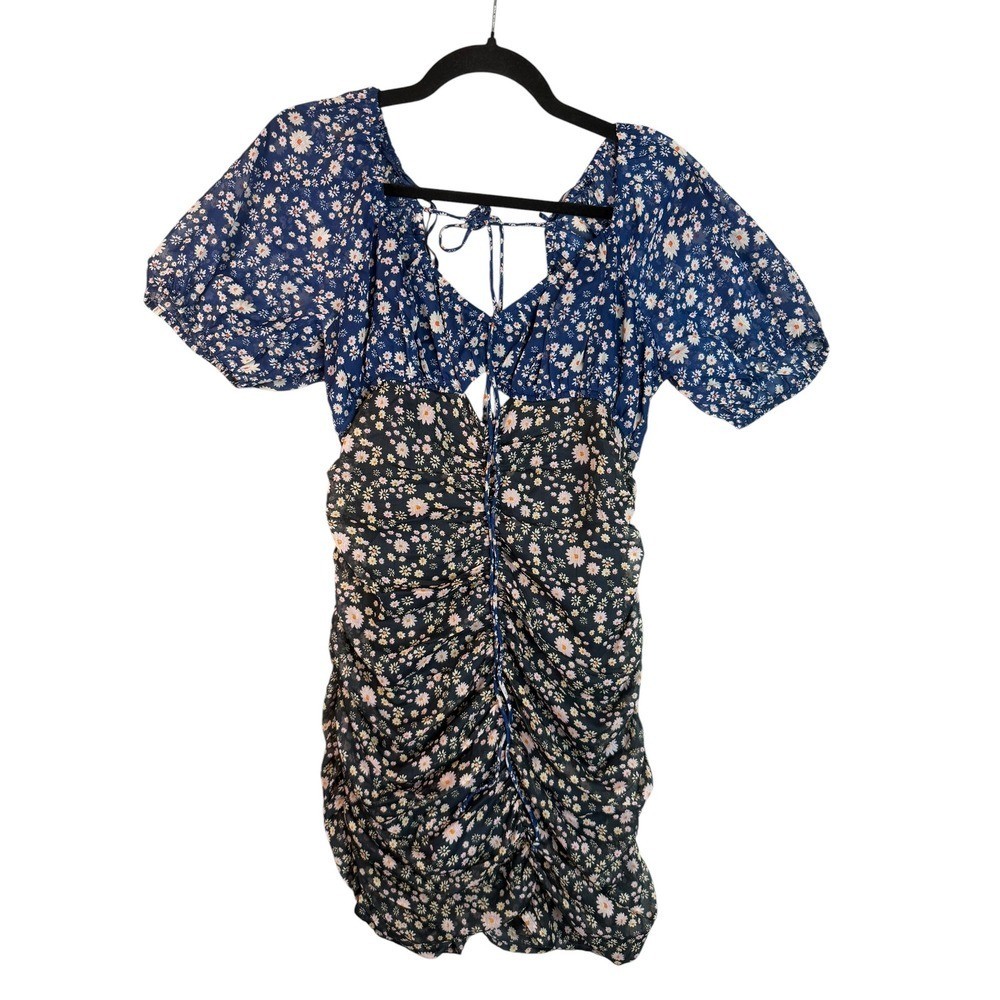 Free People Mixed Floral Ruched Mini Dress Blue Black Puff Sleeve XS
