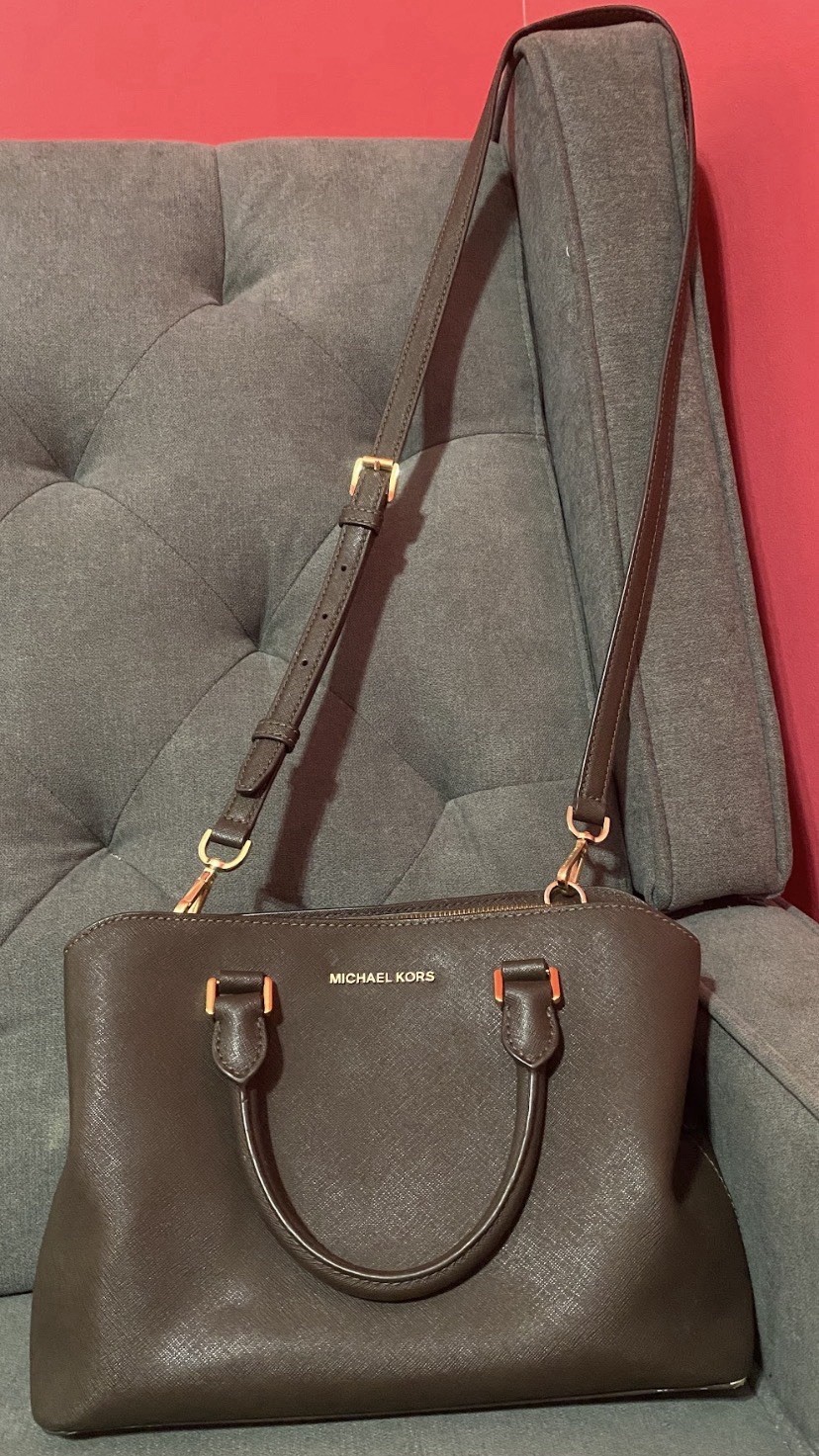 Michael Kors Brown Saffiano Satchel Top Handle, Gold Hardware, Detachable Strap