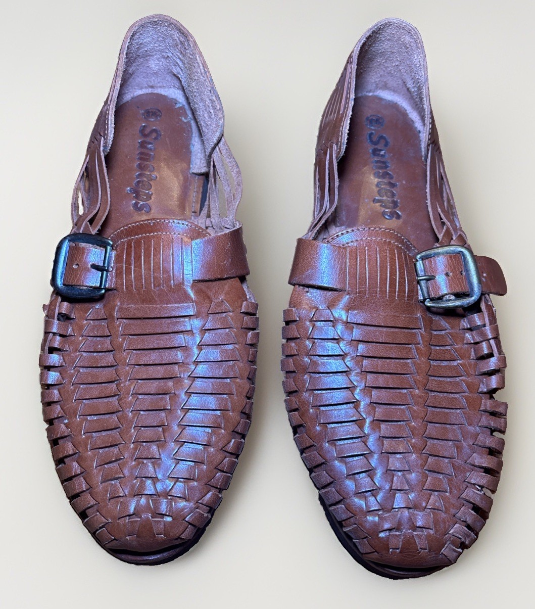 Sunsteps Handwoven BrownLeather Huarache ClosedToe Sandals Buckle Men’s Sz 10.5