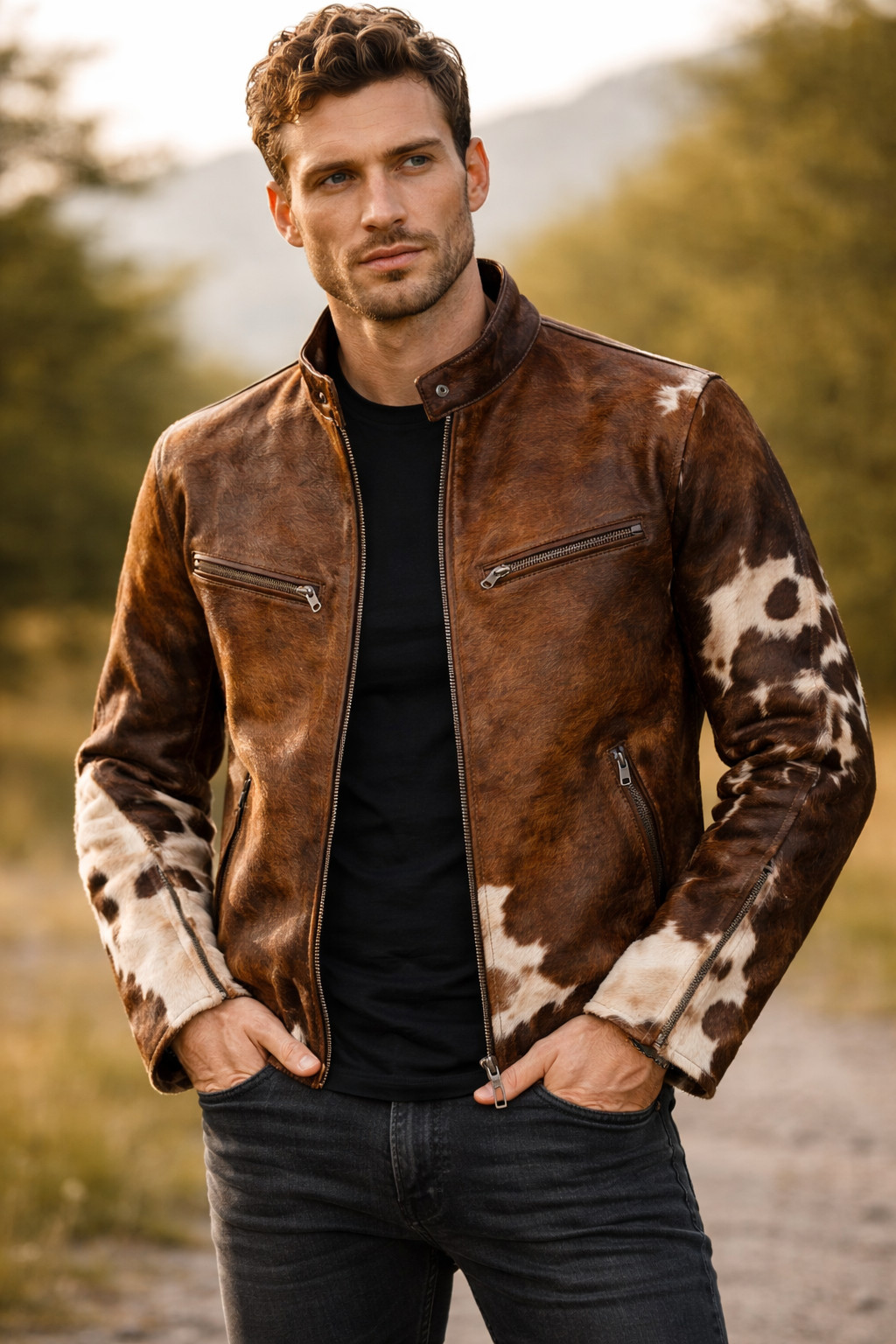 Men’s Cowhide Hair-On Leather Jacket Western Pony Skin Cafe Racer Cow Print Coat