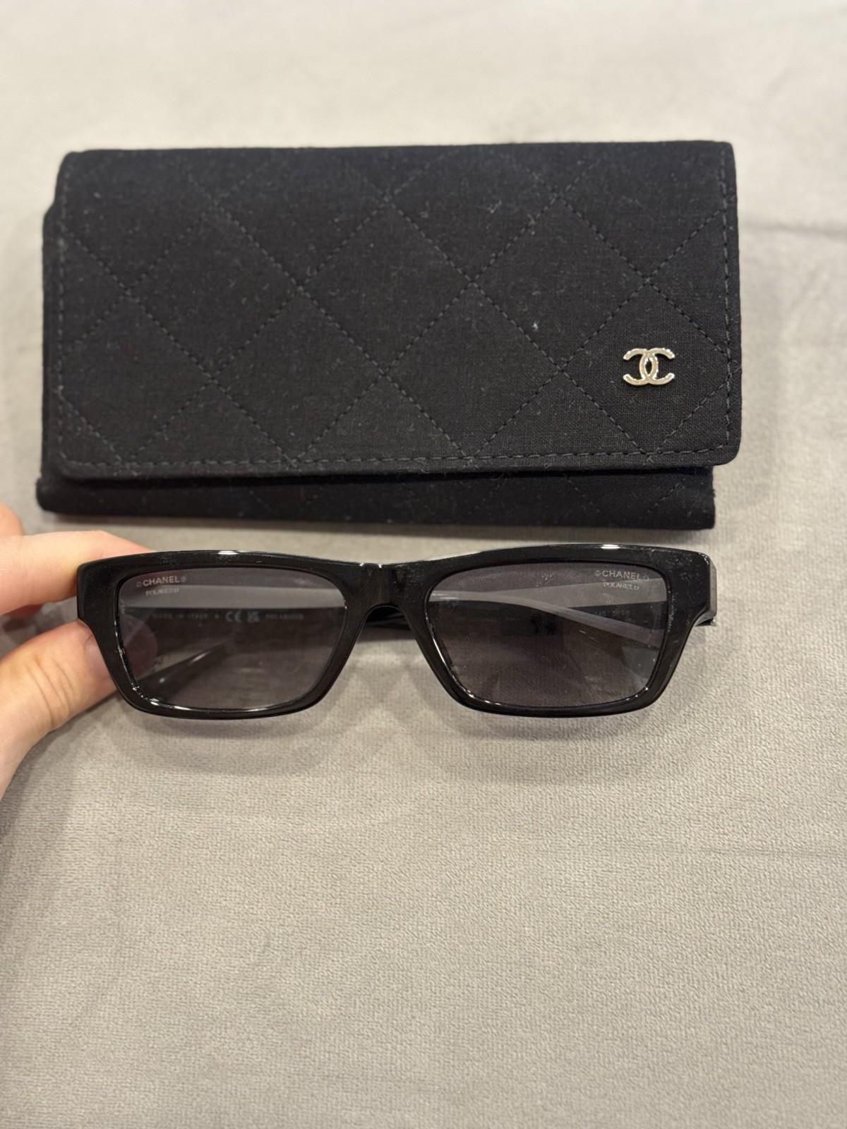 CHANEL 5564-B Square Black Plastic Sunglasses Gray Polarized Women 140mm