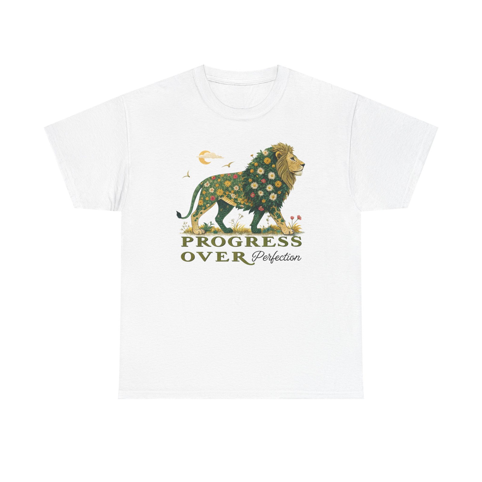 Progress Over Perfection Lion Floral Motivational Quote T-Shirt Design PNG