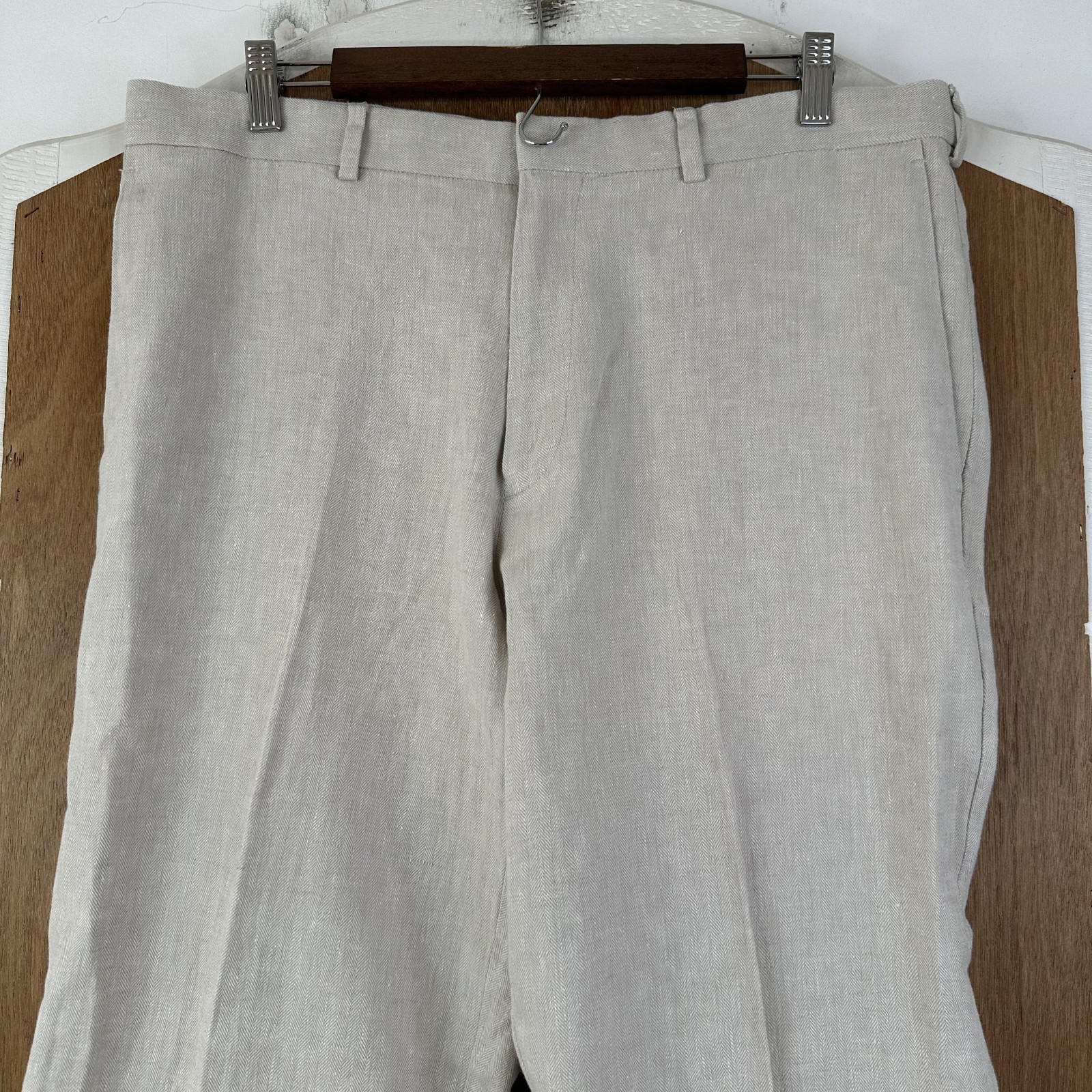 Perry Ellis Pants Mens 34×32 Beige Herringbone Linen Cotton Flat Front Slacks