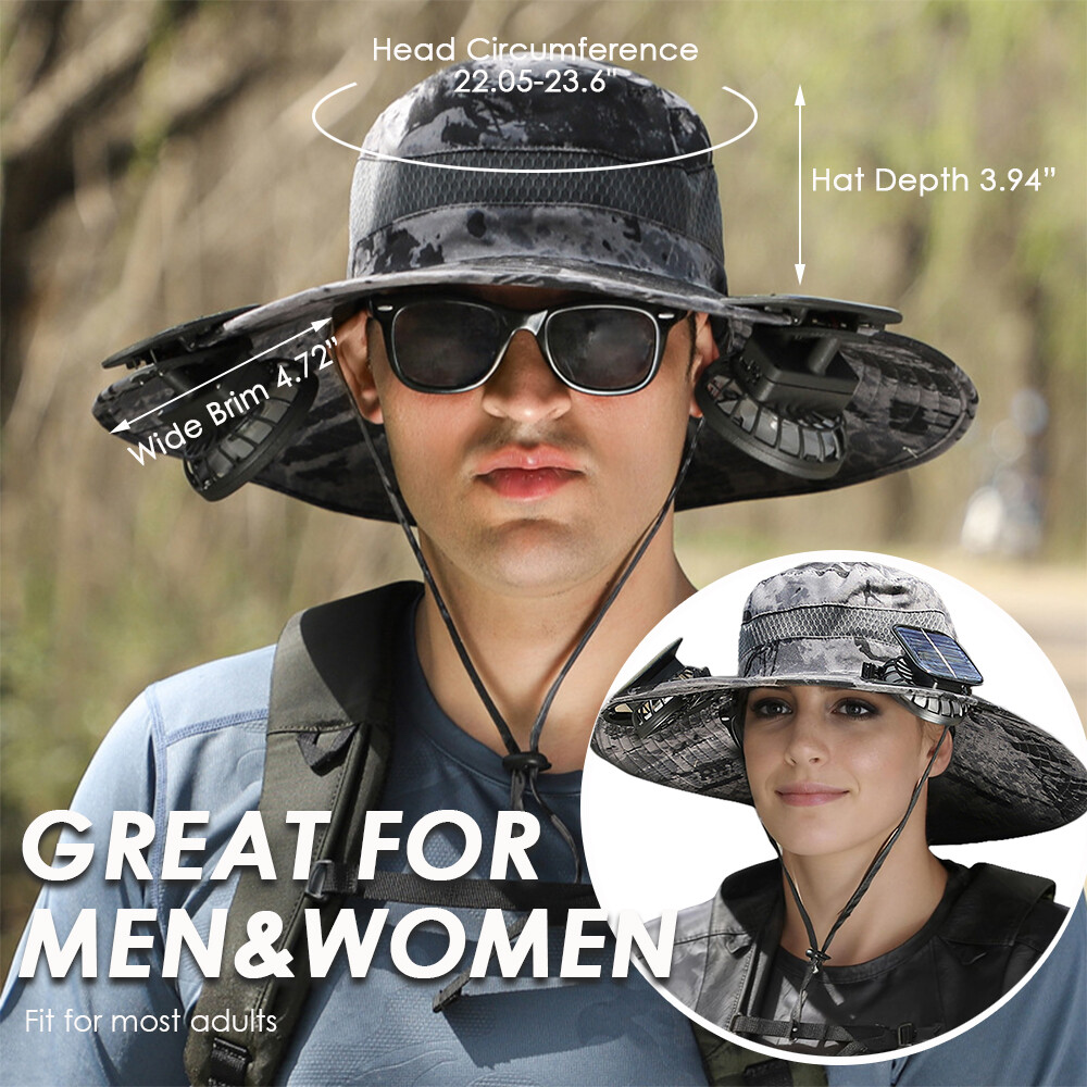 Wide Brim Sun Hat with Solar & USB Powered Fan UV Protection for Camping Fishing
