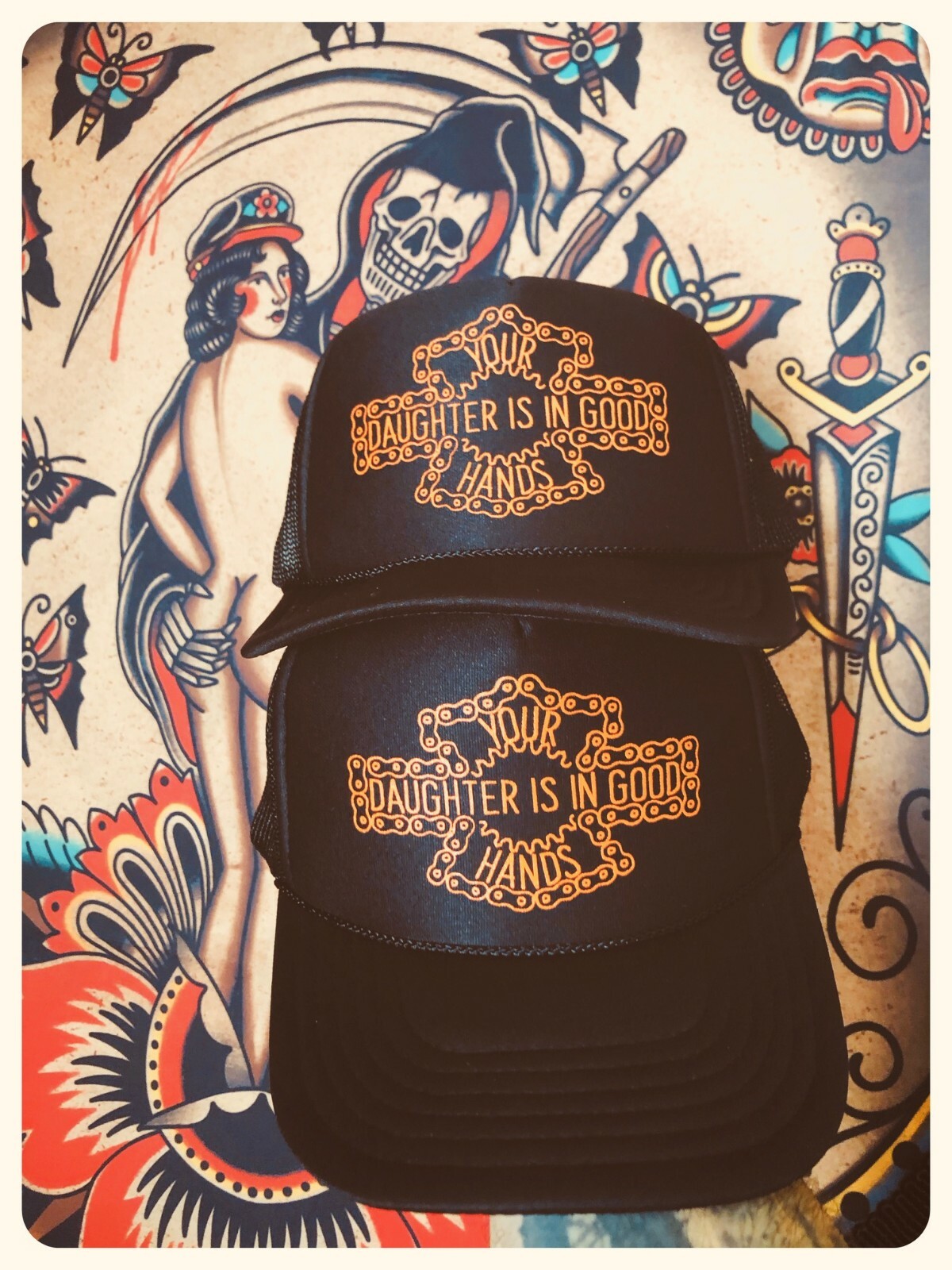 YOUR DAUGHTER IS IN GOOD HANDS trucker cap biker chopper dyna harley shovelhead