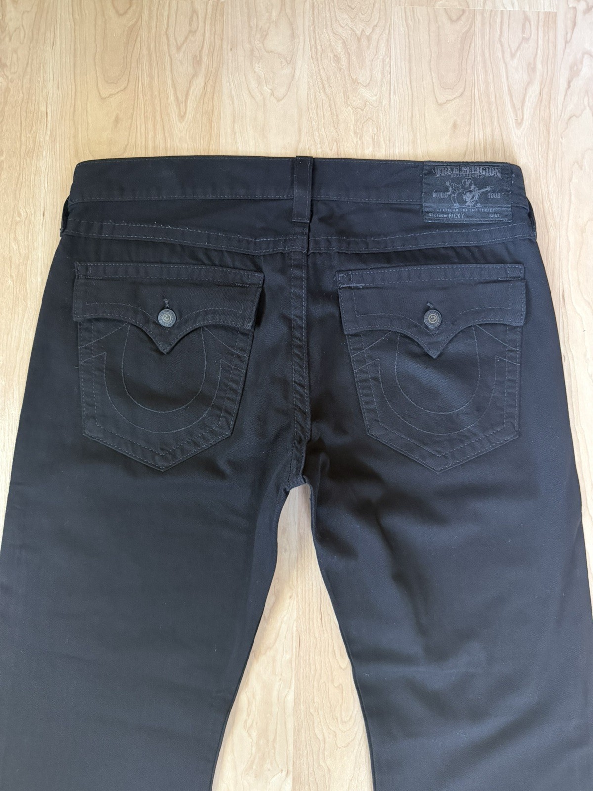 TRUE RELIGION RICKY Mens Flap Pockets Straight Black Denim Jeans Pants 38 x 33