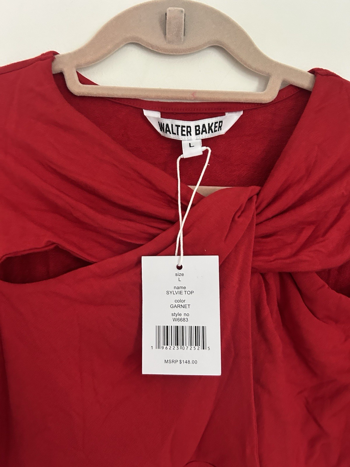 Walter Baker Red Twist Front Cut-Out Ruched Puff Sleeve Crew Neck Top Size L