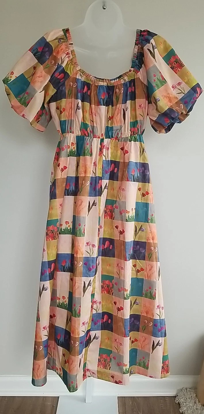 Davi & Dani Checkered Tulip Print Midi Dress NWT Spring Floral Beaded Tie Neck