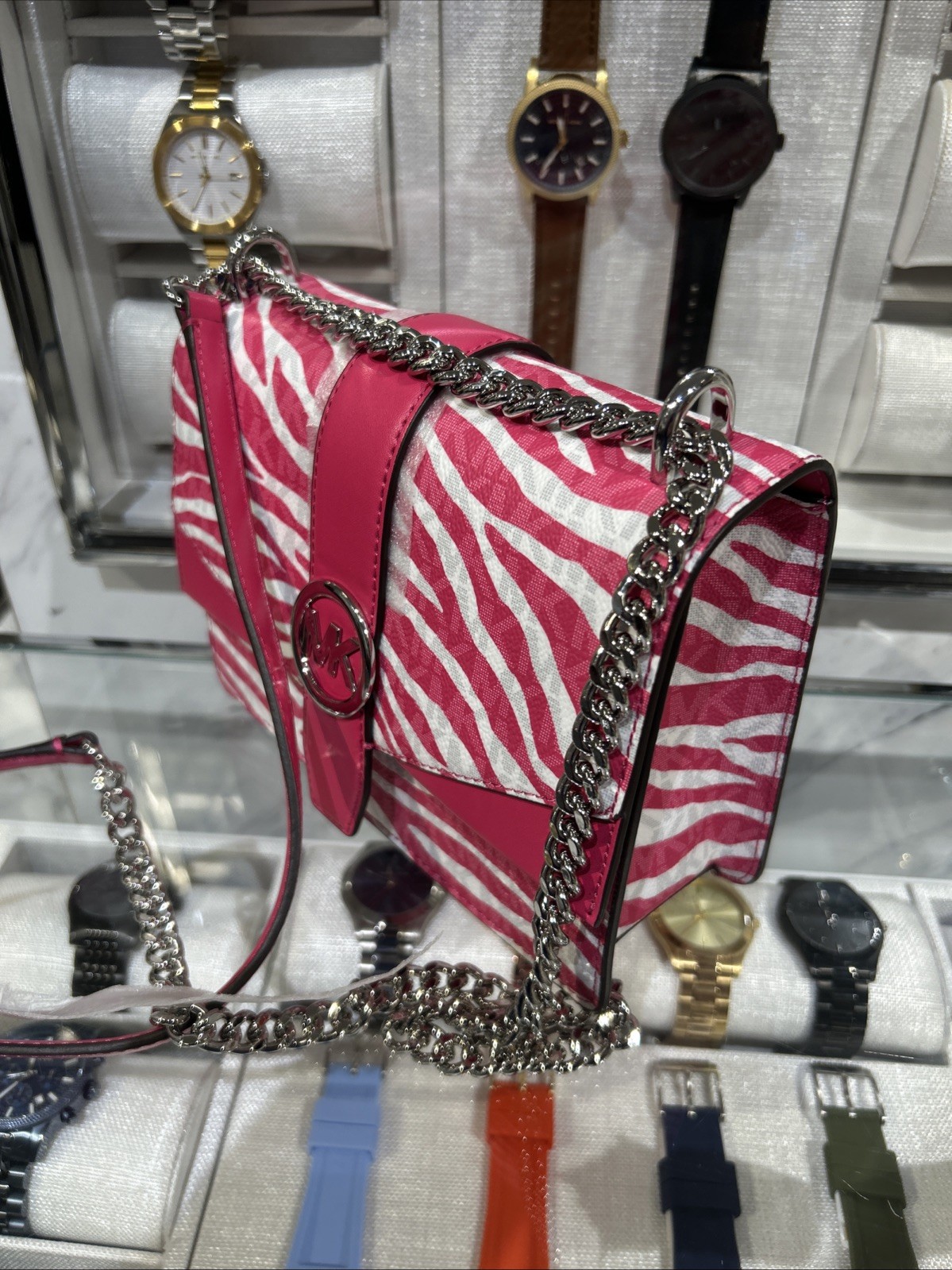 Michael Kors Greenwich Small Crossbody Pink & White Zebra Stripe Bag Handbag MK