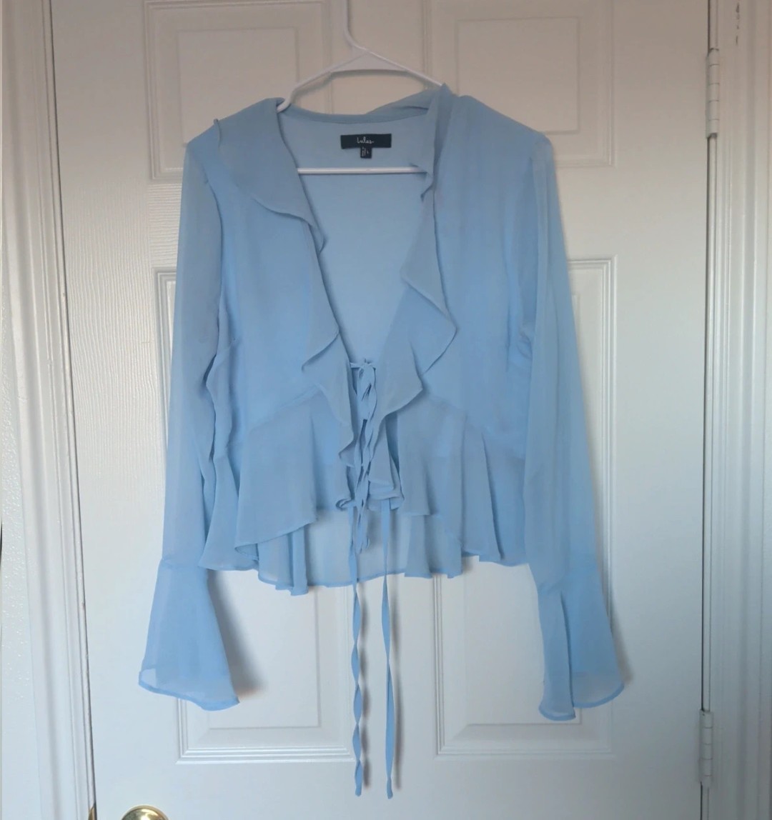 Lulus Blue Chiffon Semi-Sheer Ruffle V-Neck Tie-Front Bell Sleeve Blouse L