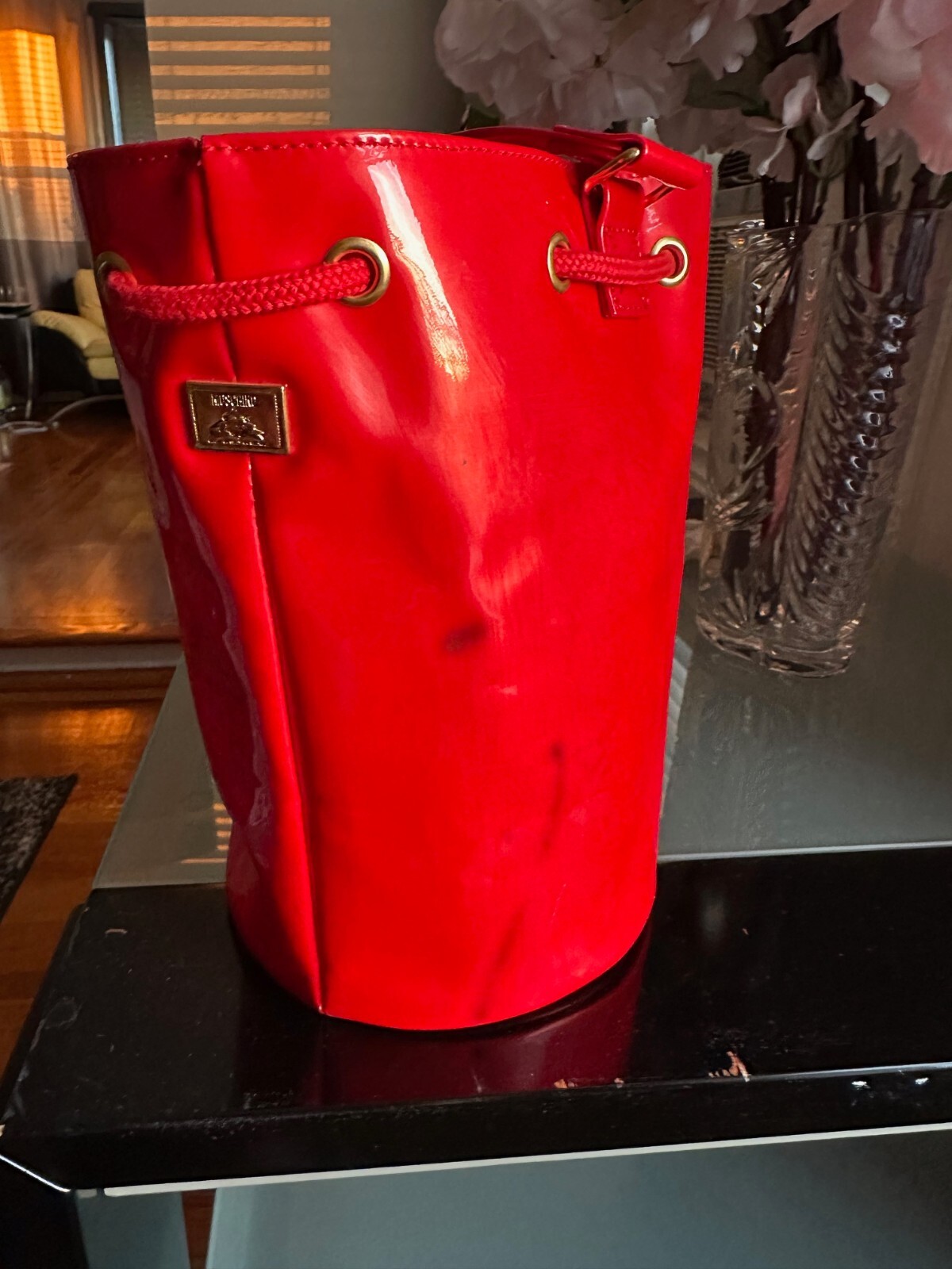 PRE-OWNED MOSCHINO BUCKET HANDBAG MADE IN ITALY BY REDWALL COLOR RED PVC PATENT
