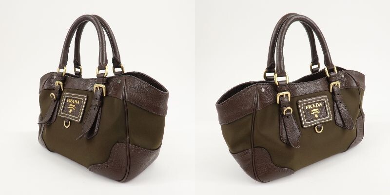 PRADA Logo Hand Bag Kahki Brown Nylon Leather BN1221 Auth Used