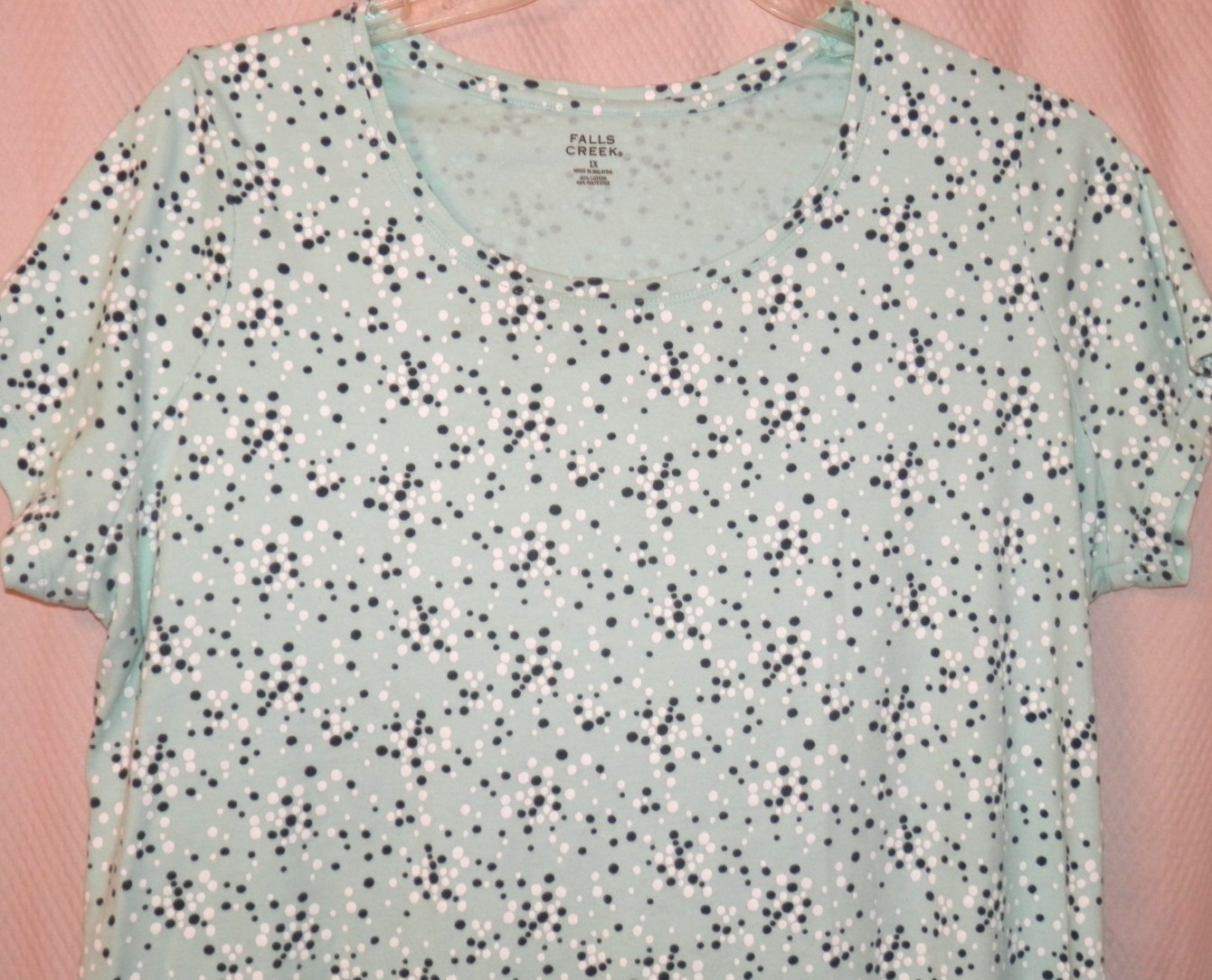 Falls Creek Short Sleeve Cotton/Poly Knit Top Sz 1X Soft Green/White/Black Dot