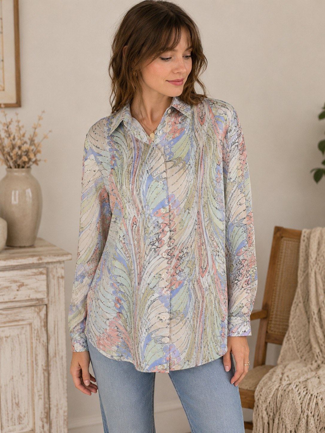 Vintage 70s Bradley Abstract Print Button Up Blouse Women’s Small Psychedelic