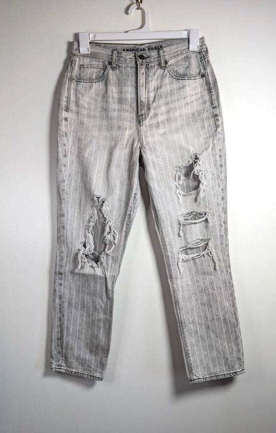 American Eagle Mom Jeans Women’s Size 8 Gray Stripe Distressed 31×28 High Rise