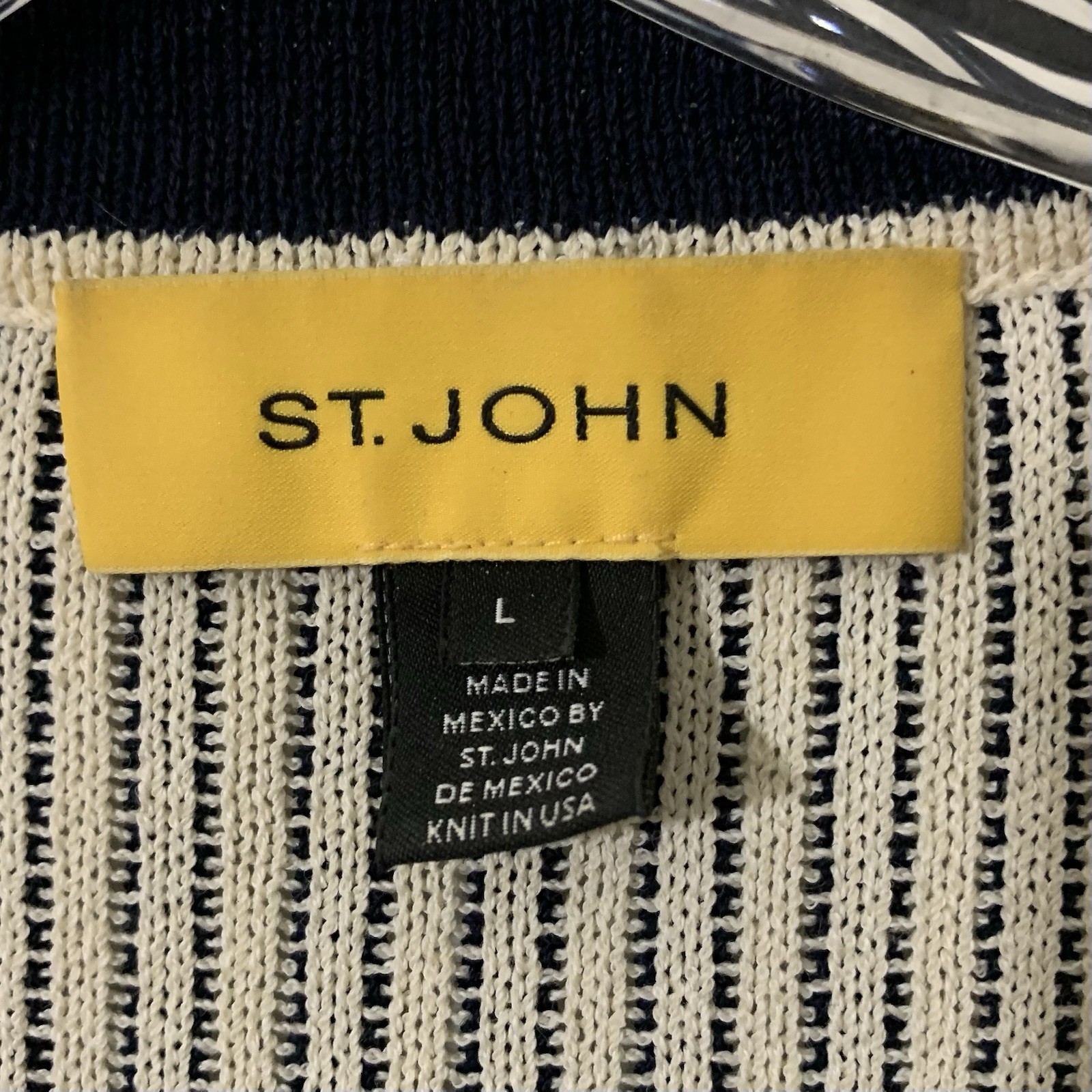 St. John Women’s Jacket Large Blue Beige Stripe Textures Hook Close Wool