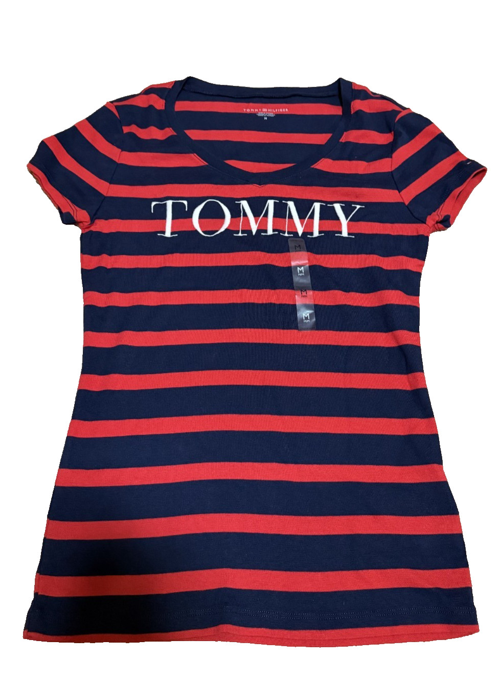 BRAND NEW Women’s Small Tommy Hilfiger Red/Navy Striped ‘Tommy’ V-Neck Shirt