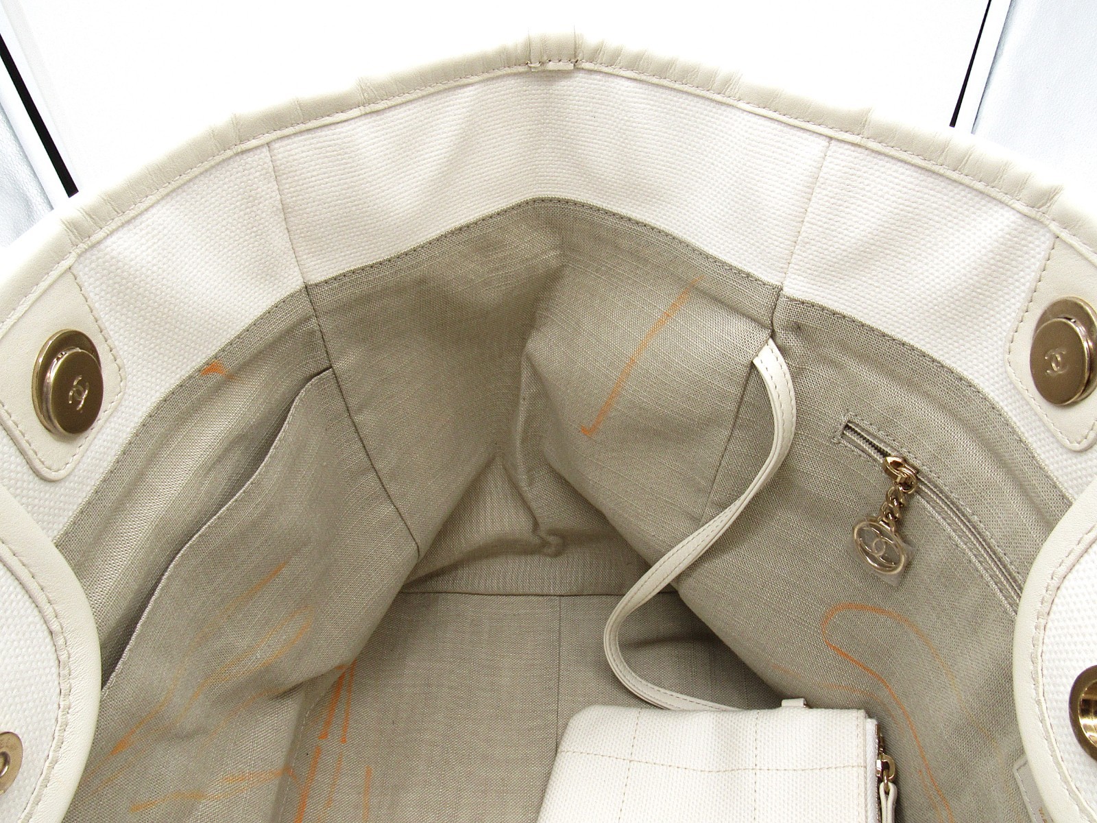 Chanel Medium Deauville Tote White Canvas Bag w/ Pouch Read